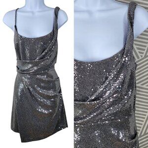 Express Evening Dress Size Small Glitter Formal Prom Silver Ruched Wrap Mini